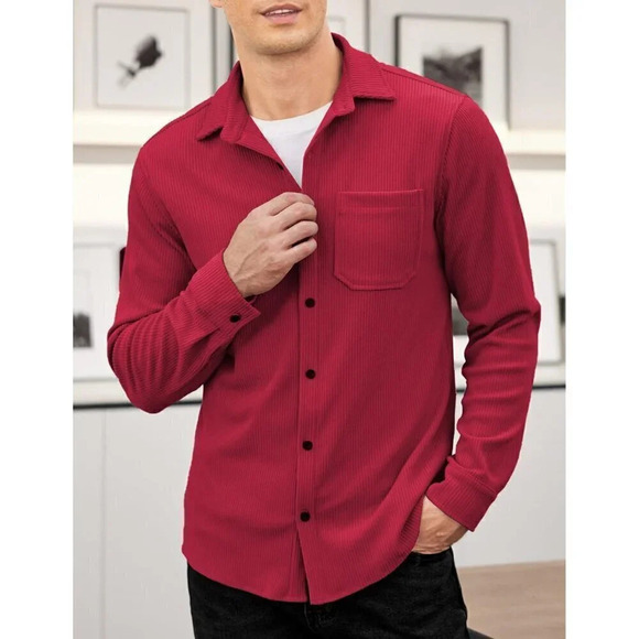 ❤️ Men's Corduroy Shirt Casual Shacket Long Sleeve Button Down Jacket-Red - Picture 2 of 5